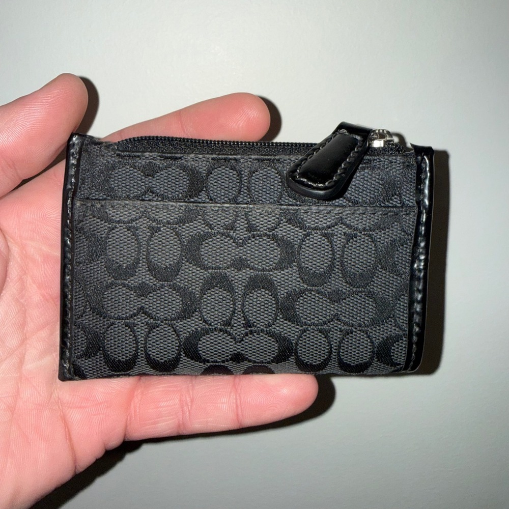 Coach Black Signature C Canvas Zip Card Case Key Pouch Wallet Coin Purse